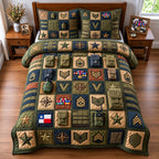 Compass Patchwork Veteran Pride quilted 3-piece bedding set on a made bed in a warmly lit bedroom
