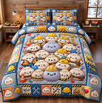 Construction Crew Dumplings quilted 3-piece bedding set on a made bed with two matching pillow shams