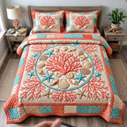 Coral Reef Garden quilted 3-piece bedding set on a made bed in a light coastal bedroom