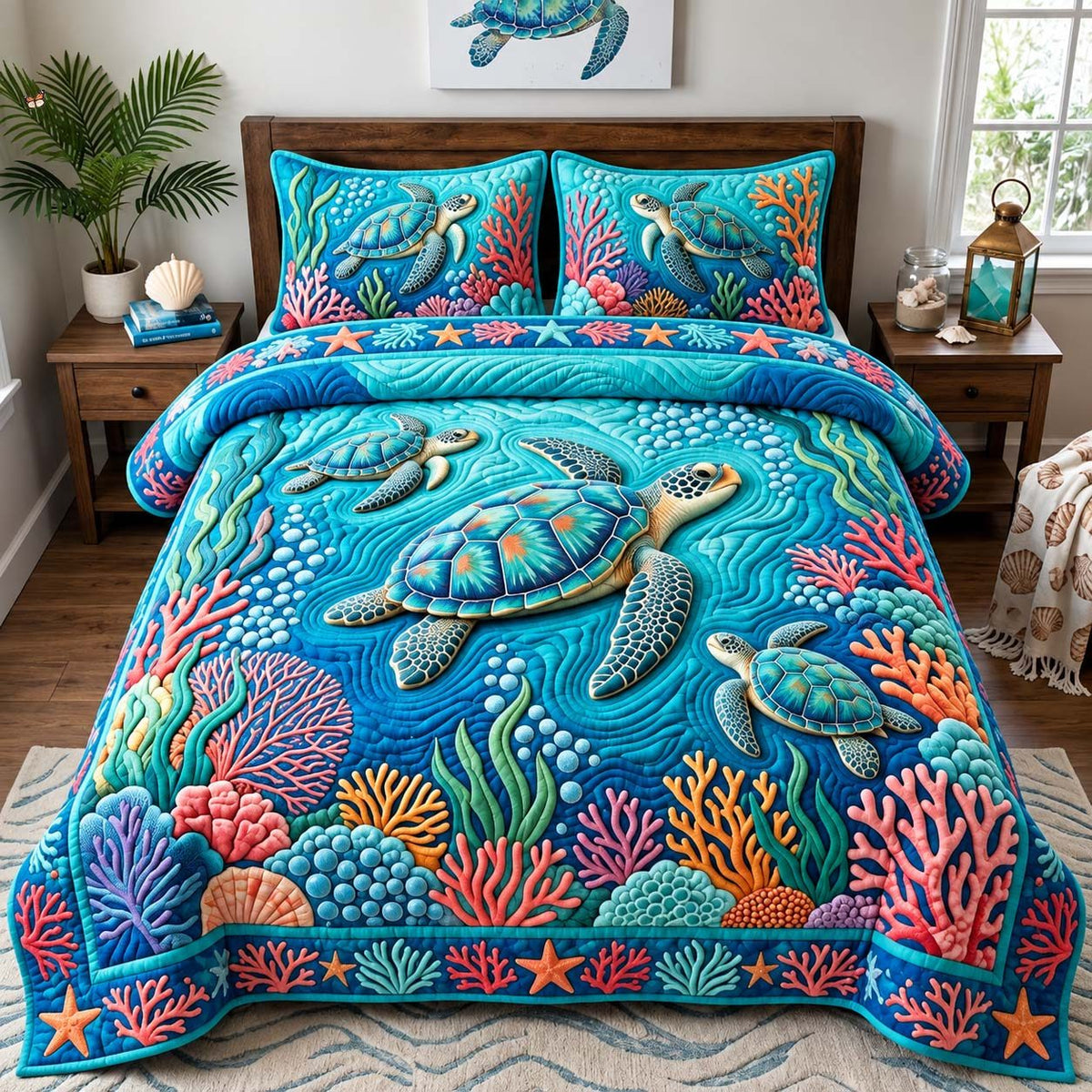 Coral Reef Turtles quilted 3-piece bedding set on a made bed in a light coastal bedroom
