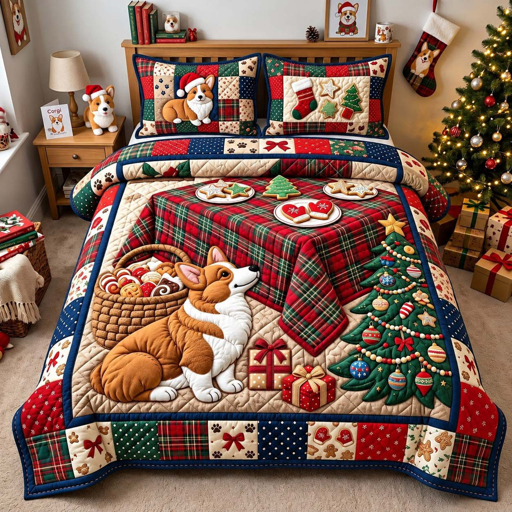 Corgi Christmas Feast quilted 3-piece bedding set on a made bed in a winter-styled bedroom