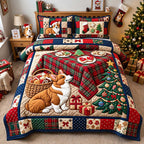 Corgi Christmas Feast quilted 3-piece bedding set on a made bed in a winter-styled bedroom