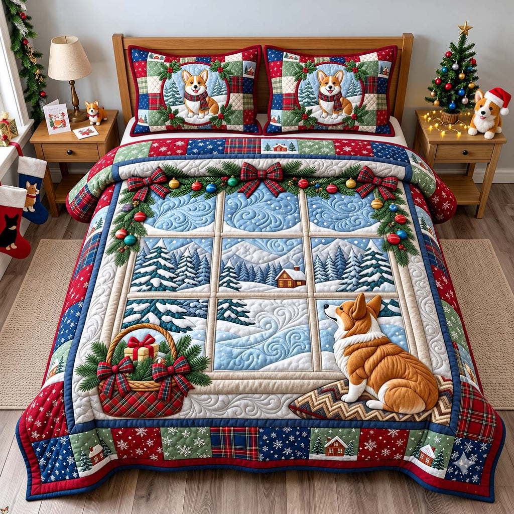 Corgi Winter Window quilted 3-piece bedding set on a made bed in a winter-styled bedroom