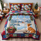 Corgi Winter Window quilted 3-piece bedding set on a made bed in a winter-styled bedroom