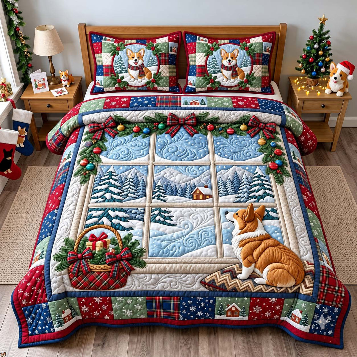 Corgi Winter Window quilted 3-piece bedding set on a made bed in a winter-styled bedroom