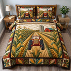 Cornfield Tractor quilted 3-piece bedding set on a made bed with two matching pillow shams