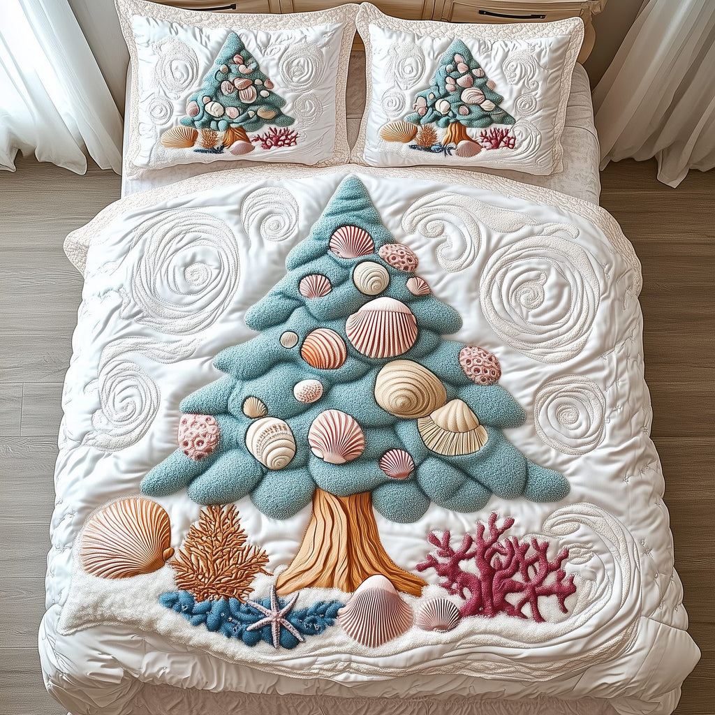 Costal Christmas Tree 3-Piece Quilted Bedding Set GFTONL1568 quilted 3-piece bedding set on a made bed in a winter-styled bedroom