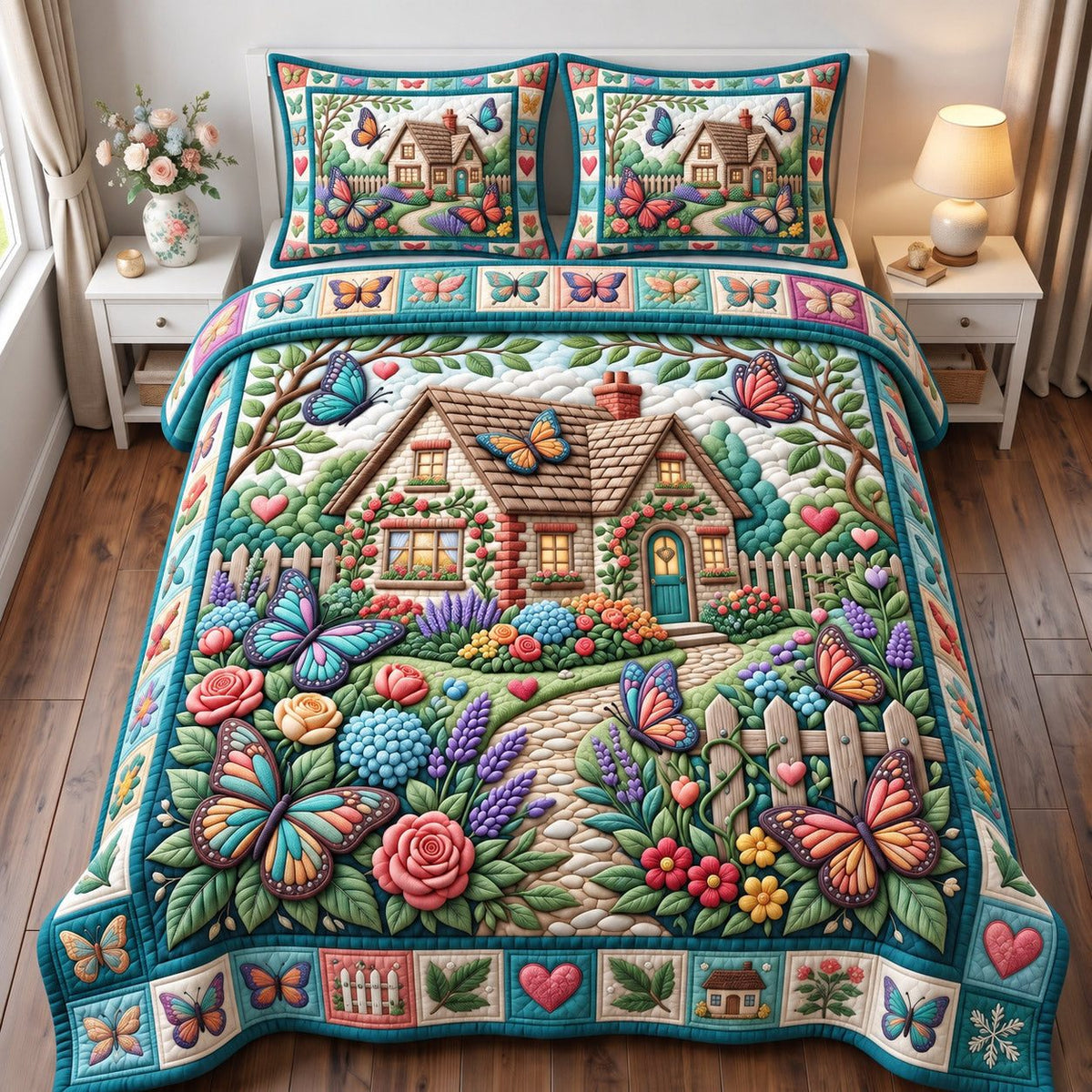 Cottage Garden Patchwork Butterfly quilted 3-piece bedding set on a made bed in a farmhouse bedroom