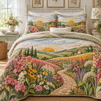 Cottage Garden Path quilted 3-piece bedding set on a made bed in a farmhouse bedroom