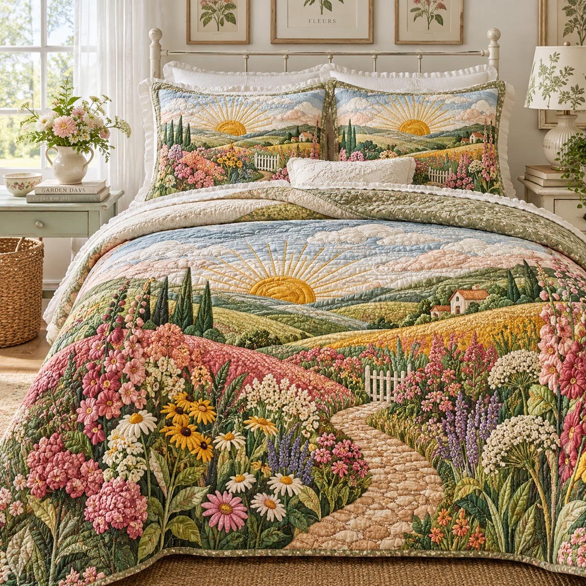 Cottage Garden Path quilted 3-piece bedding set on a made bed in a farmhouse bedroom