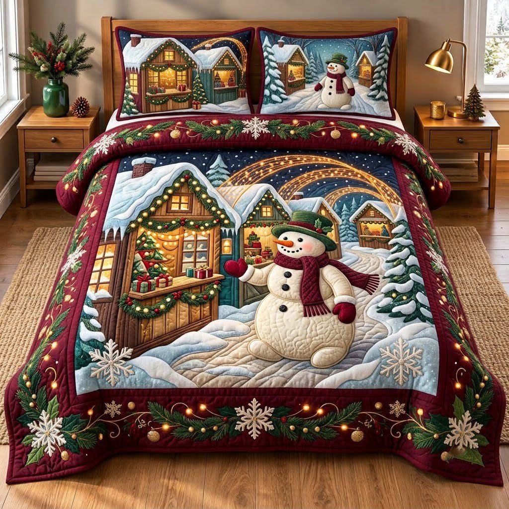 Cottage Porch Snowman quilted 3-piece bedding set on a made bed in a winter-styled bedroom