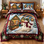 Cottage Porch Snowman quilted 3-piece bedding set on a made bed in a winter-styled bedroom
