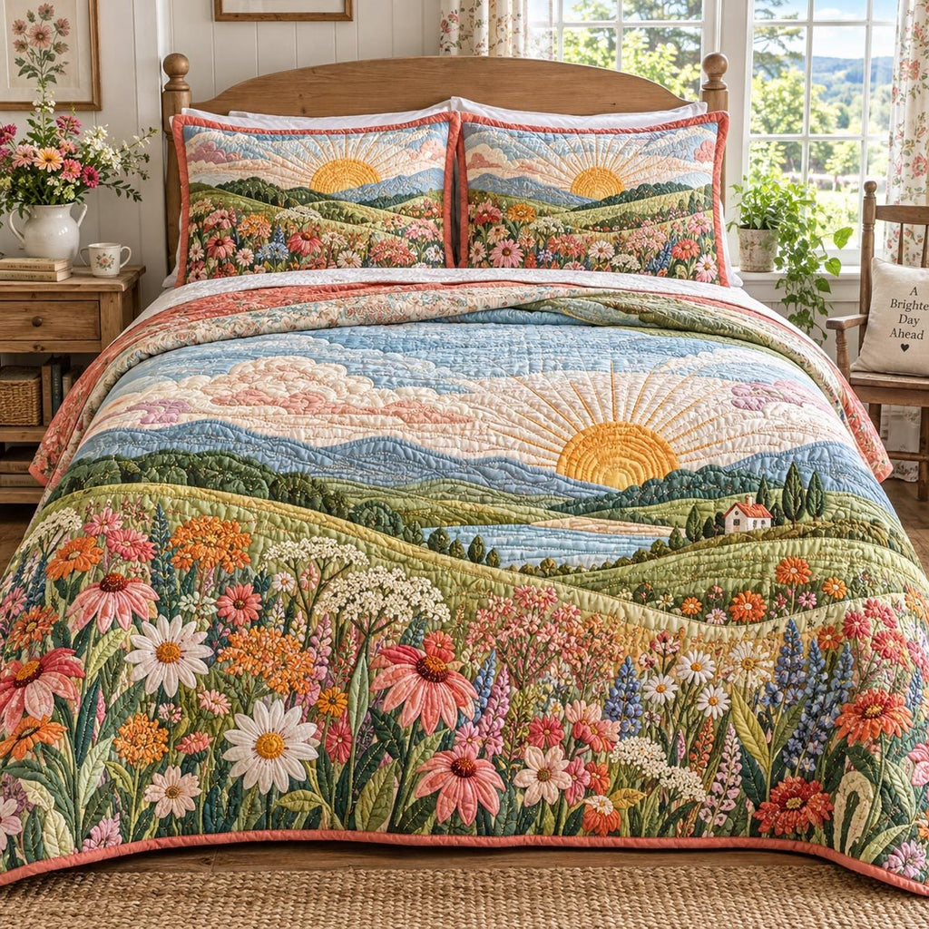Country Bloom Sunrise quilted 3-piece bedding set on a made bed in a farmhouse bedroom