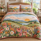 Country Bloom Sunrise quilted 3-piece bedding set on a made bed in a farmhouse bedroom