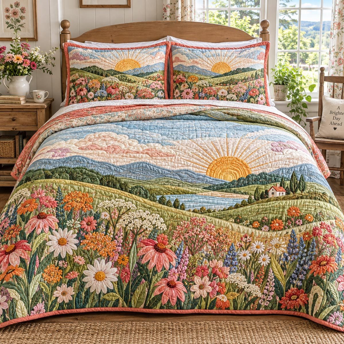 Country Bloom Sunrise quilted 3-piece bedding set on a made bed in a farmhouse bedroom