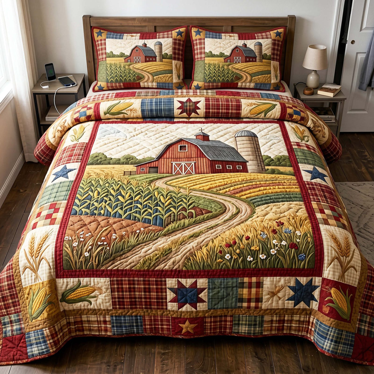Country Cornfield 3-Piece Quilted Bedding Set GFTOQM4874 quilted 3-piece bedding set on a made bed in a farmhouse bedroom