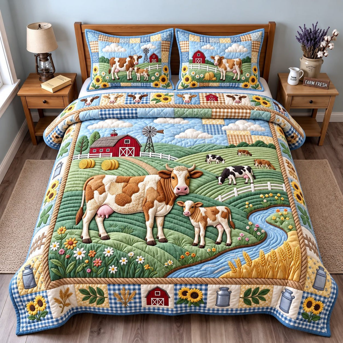 Country Cow quilted 3-piece bedding set on a made bed in a farmhouse bedroom