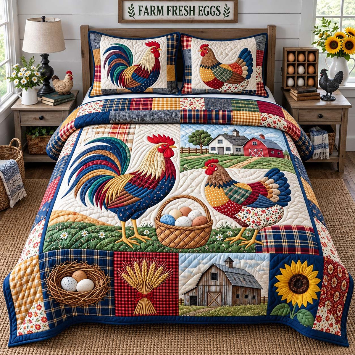 Country Rooster Pair quilted 3-piece bedding set on a made bed in a farmhouse bedroom