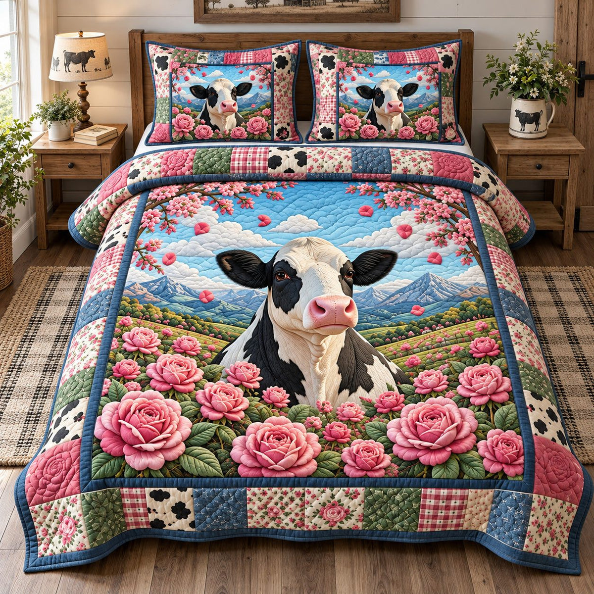 Cow In The Rose Garden quilted 3-piece bedding set on a made bed with two matching pillow shams