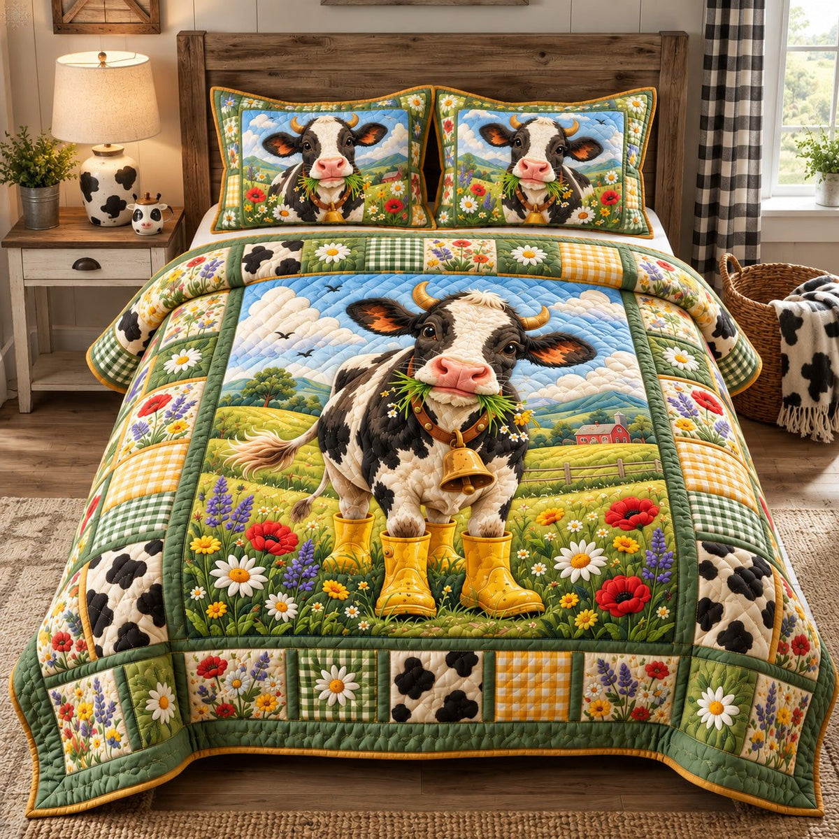 Cow In Yellow Boots quilted 3-piece bedding set on a made bed in a rustic timber bedroom
