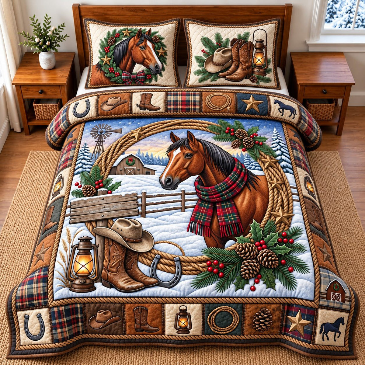 Cowboy Boots Rope Snowy Horse quilted 3-piece bedding set on a made bed in a rustic timber bedroom
