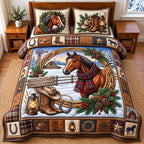 Cowboy Boots Rope Snowy Horse quilted 3-piece bedding set on a made bed in a rustic timber bedroom