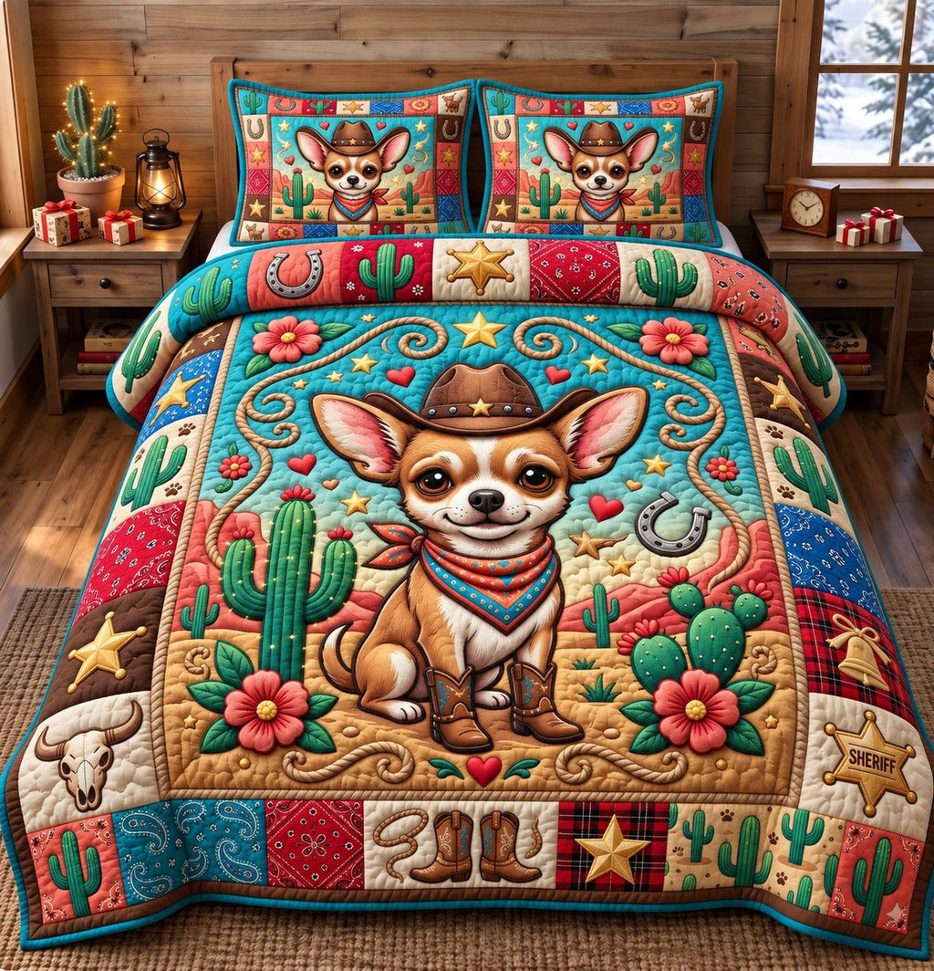 Cowboy Chihuahua Desert Cactus quilted 3-piece bedding set on a made bed in a rustic timber bedroom