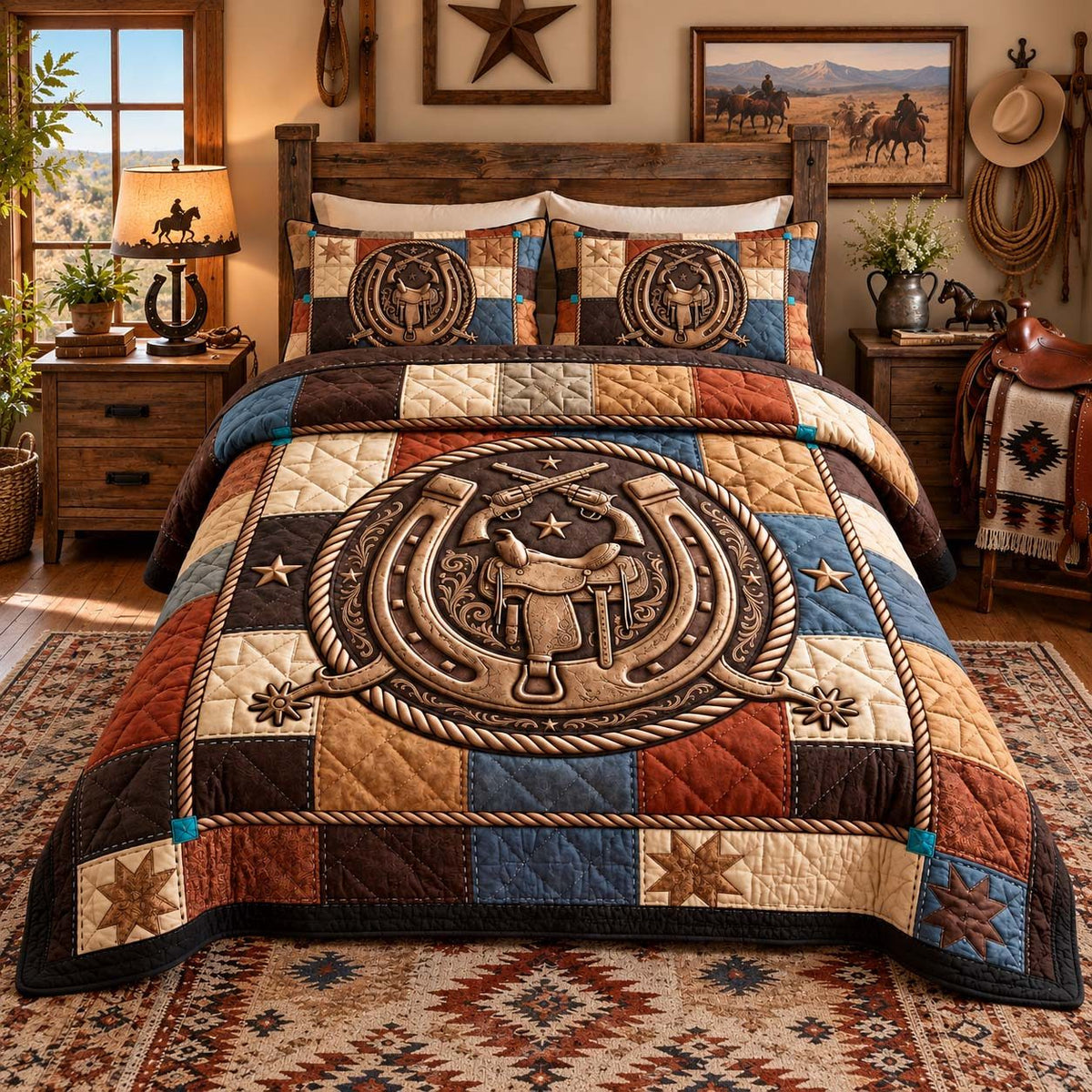Cowboy Heritage Emblem quilted 3-piece bedding set on a made bed in a rustic timber bedroom