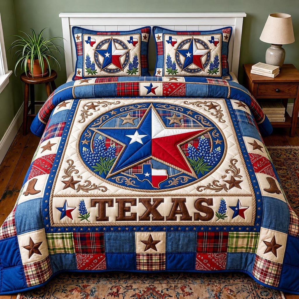 Cowboy Legacy 3-Piece Quilted Bedding Set GFTOMA11691 quilted 3-piece bedding set on a made bed in a rustic timber bedroom
