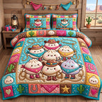Cowboy Rodeo Dumplings quilted 3-piece bedding set on a made bed in a rustic timber bedroom