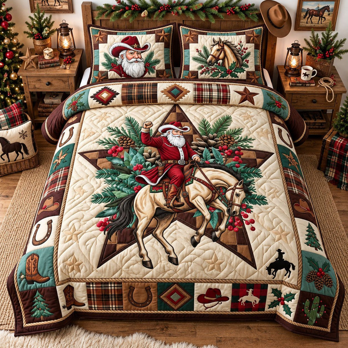 Cowboy Star Santa quilted 3-piece bedding set on a made bed in a winter-styled bedroom