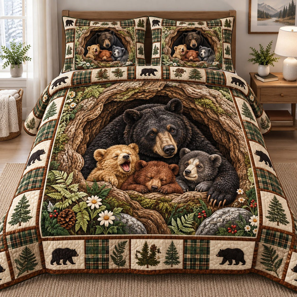 Cozy Bear Den quilted 3-piece bedding set on a made bed with two matching pillow shams