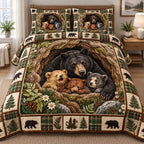 Cozy Bear Den quilted 3-piece bedding set on a made bed with two matching pillow shams