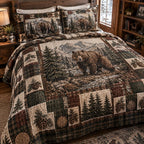 Cozy Bear Hollow quilted 3-piece bedding set on a made bed with two matching pillow shams
