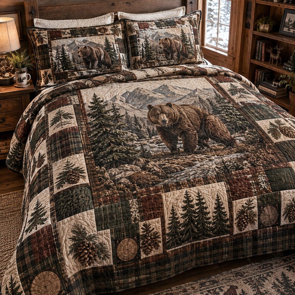 Cozy Bear Hollow quilted 3-piece bedding set on a made bed with two matching pillow shams