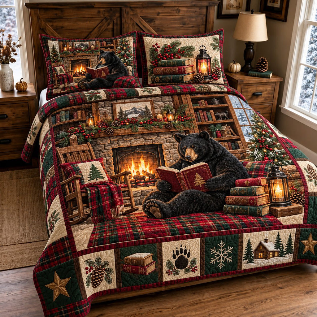 Cozy Bear quilted 3-piece bedding set on a made bed with two matching pillow shams