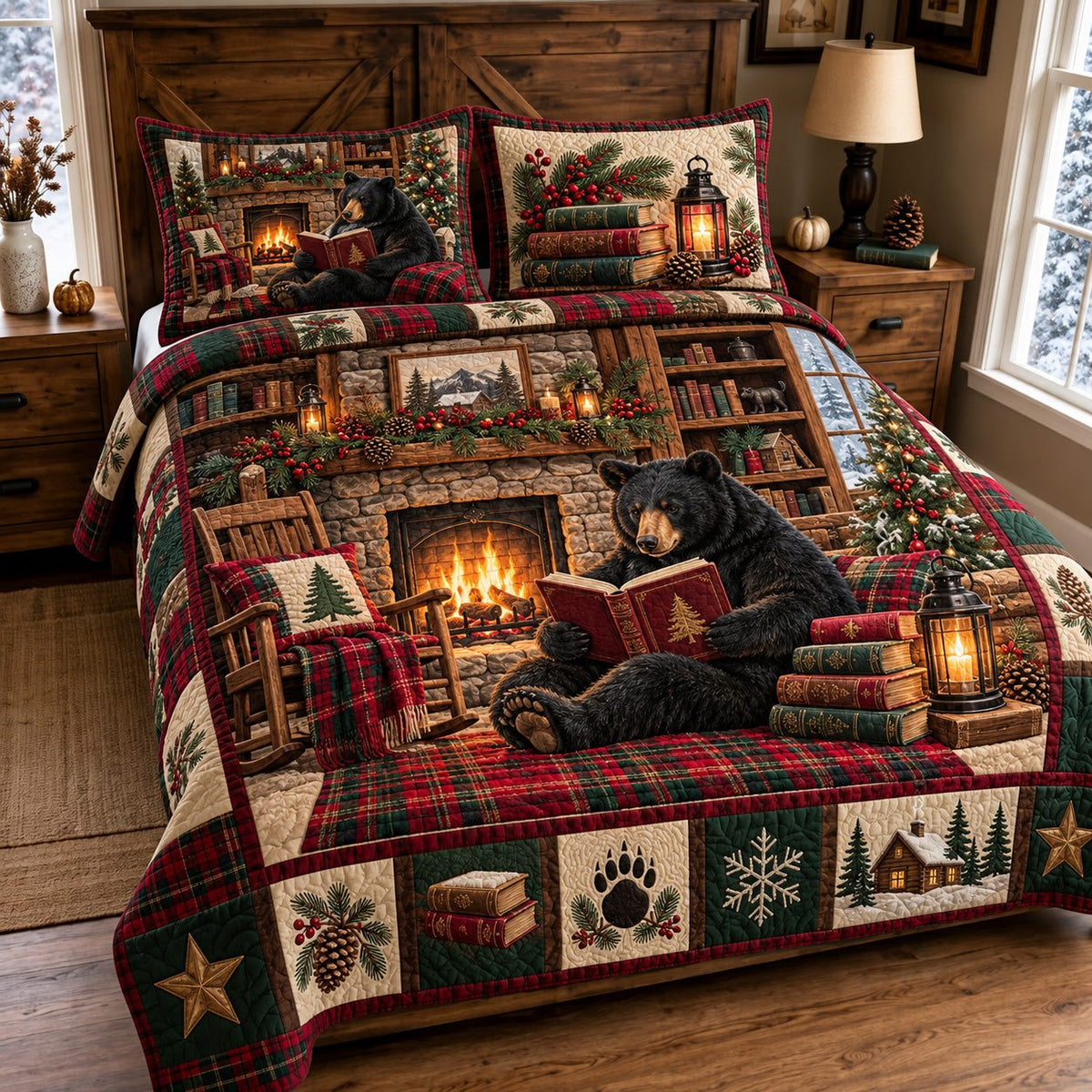 Cozy Bear quilted 3-piece bedding set on a made bed with two matching pillow shams
