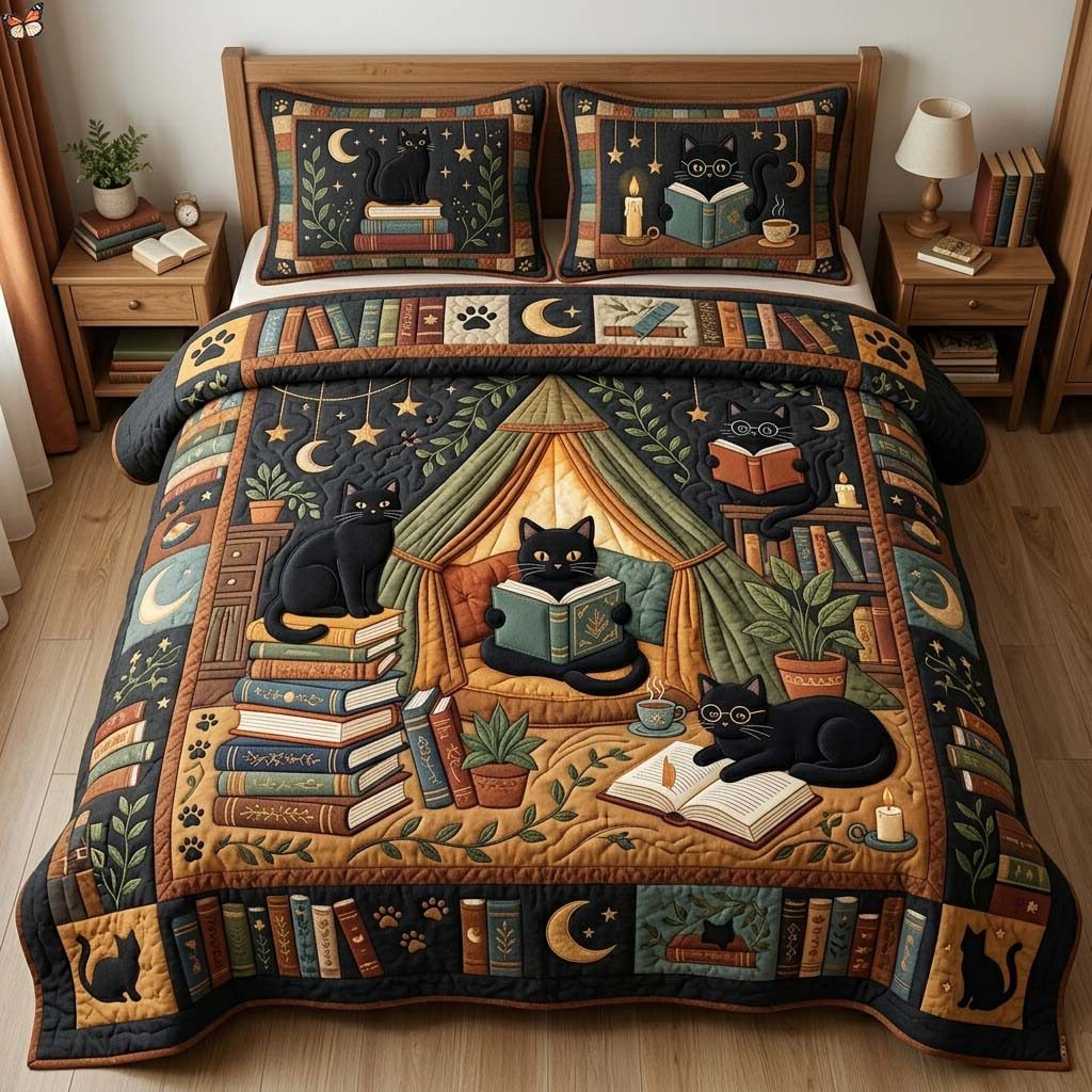 Cozy Black Cat Reading Nook 3-Piece Quilted Bedding Set GDTONTD887 quilted 3-piece bedding set on a made bed with two matching pillow shams