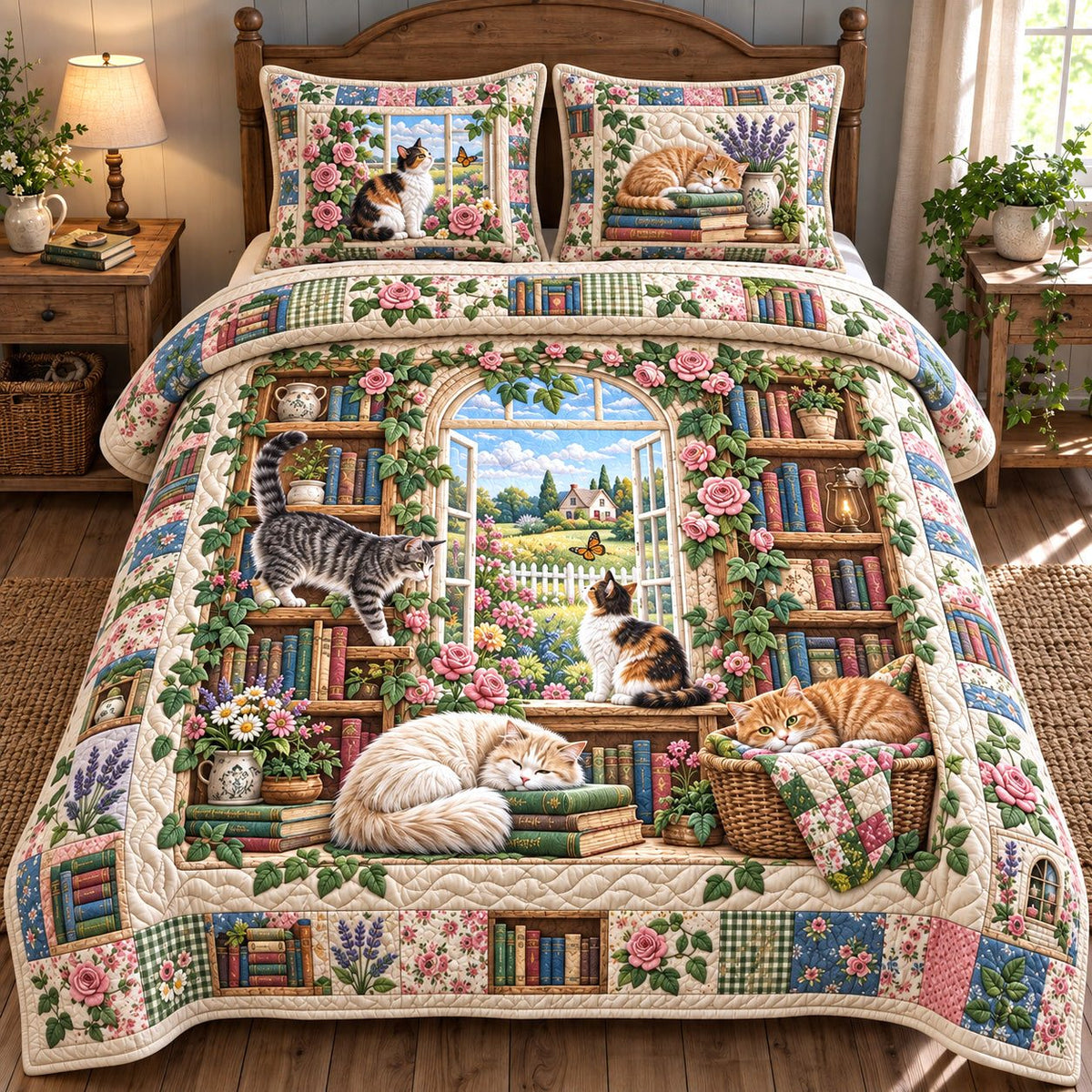 Cozy Bookshelf Cats quilted 3-piece bedding set on a made bed with two matching pillow shams