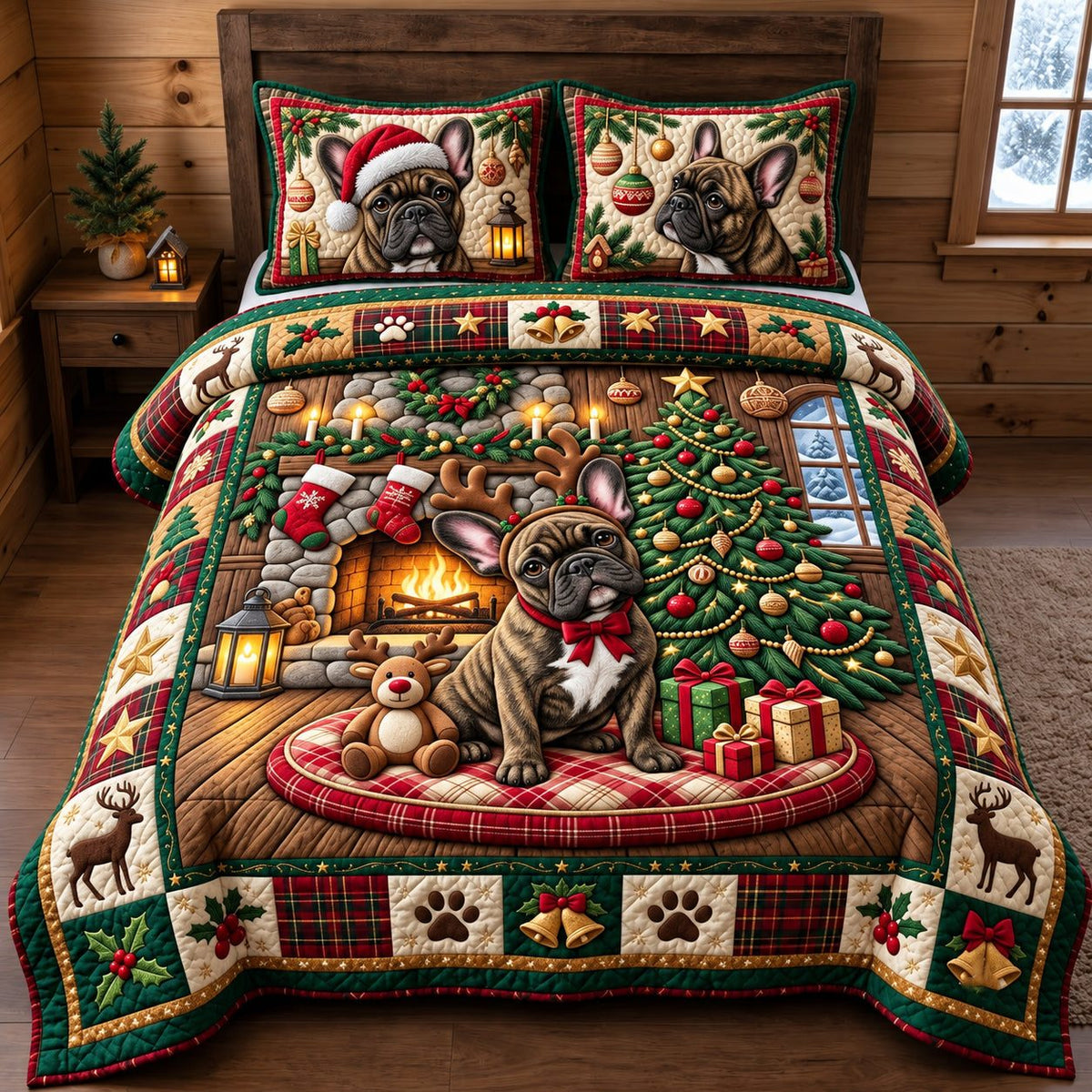 Cozy Bulldog quilted 3-piece bedding set on a made bed with two matching pillow shams