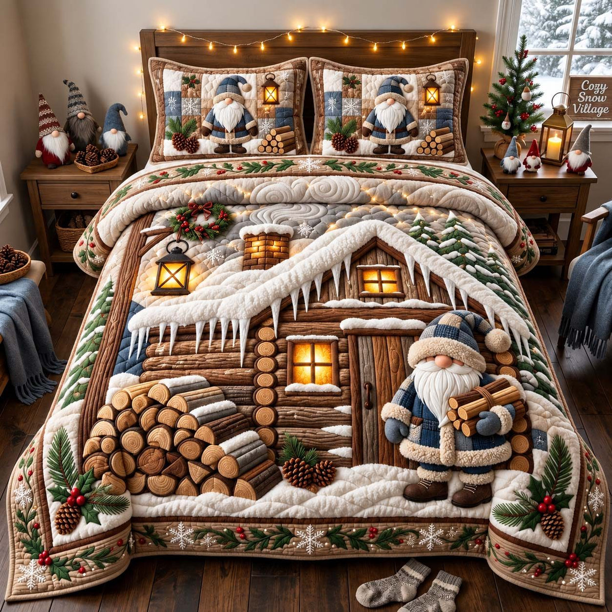 Cozy Cabin Gnome quilted 3-piece bedding set on a made bed with two matching pillow shams