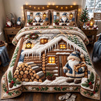 Cozy Cabin Gnome quilted 3-piece bedding set on a made bed with two matching pillow shams