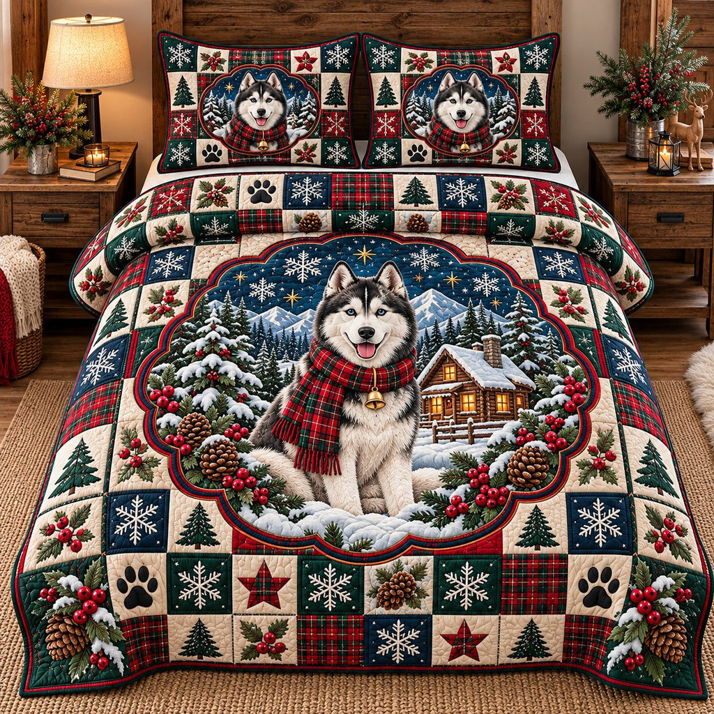 Cozy Cabin Husky quilted 3-piece bedding set on a made bed with two matching pillow shams