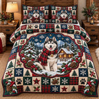 Cozy Cabin Husky quilted 3-piece bedding set on a made bed with two matching pillow shams