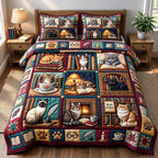 Cozy Cat Bookshelf Blocks quilted 3-piece bedding set on a made bed with two matching pillow shams