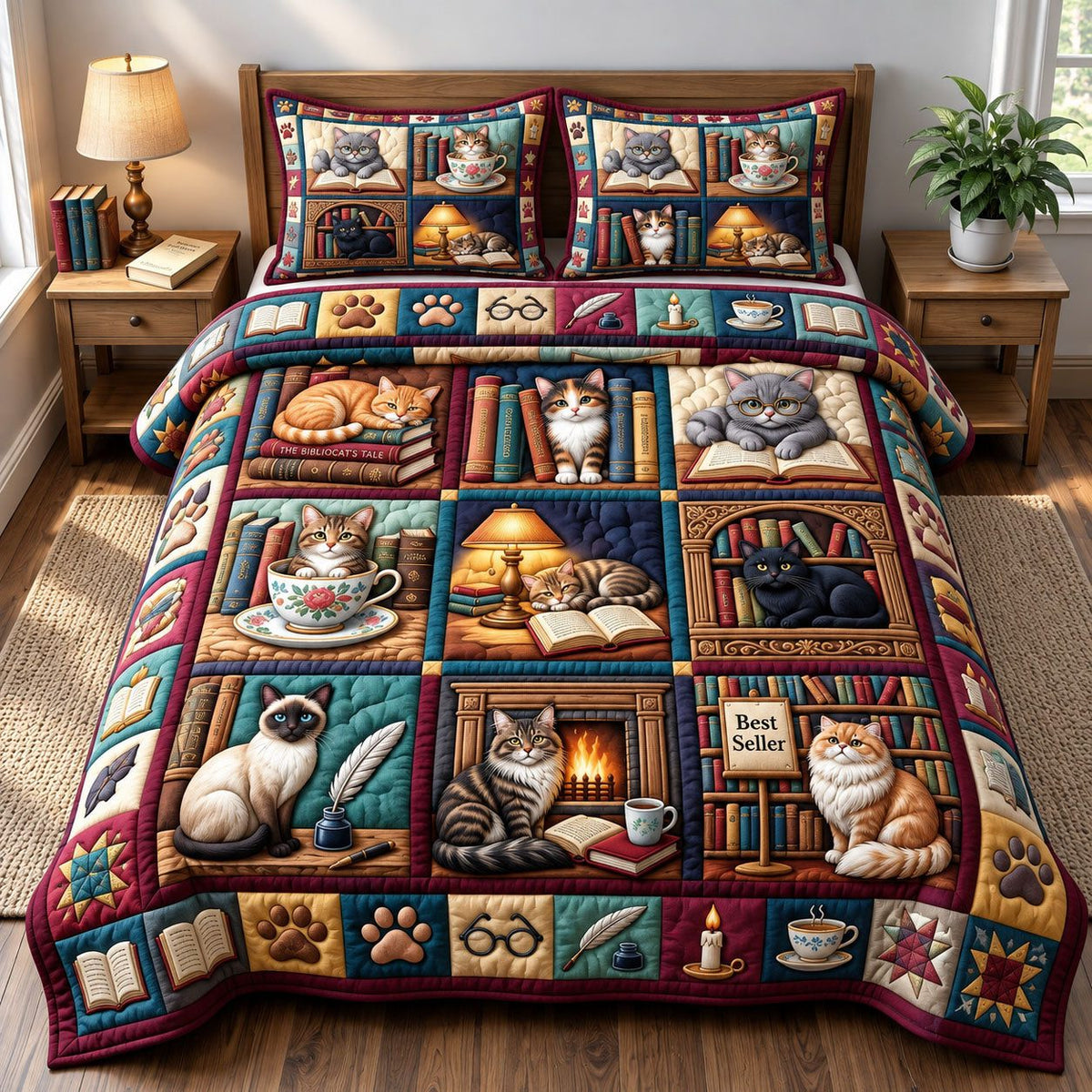Cozy Cat Bookshelf Blocks quilted 3-piece bedding set on a made bed with two matching pillow shams
