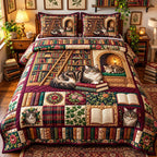Cozy Cat Bookshelf quilted 3-piece bedding set on a made bed with two matching pillow shams