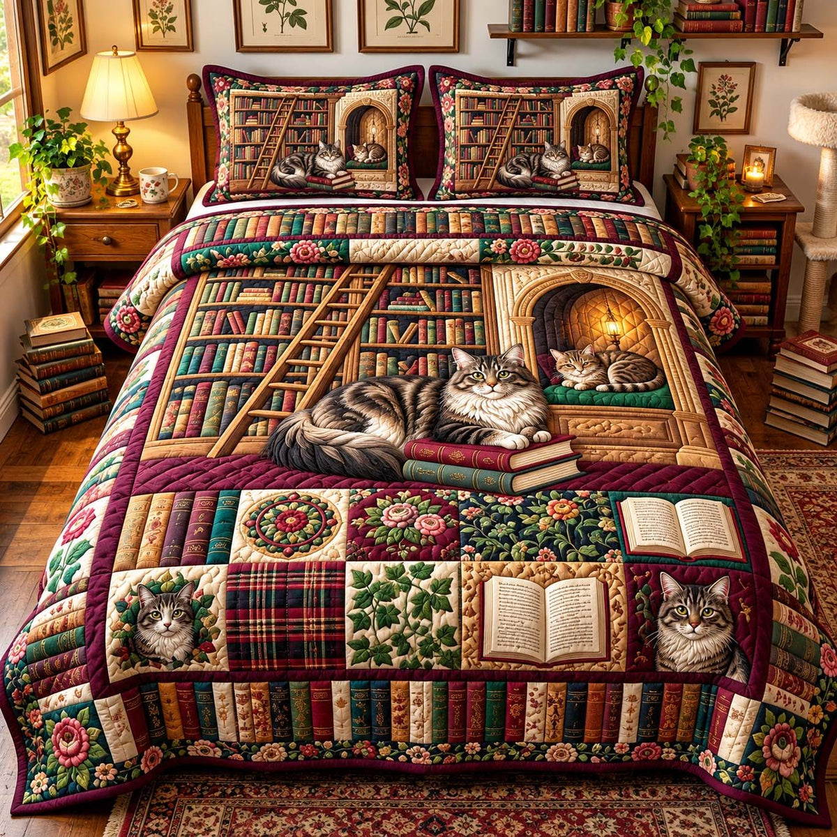 Cozy Cat Bookshelf quilted 3-piece bedding set on a made bed with two matching pillow shams
