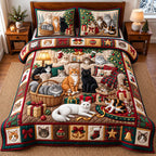 Cozy Cat quilted 3-piece bedding set on a made bed with two matching pillow shams