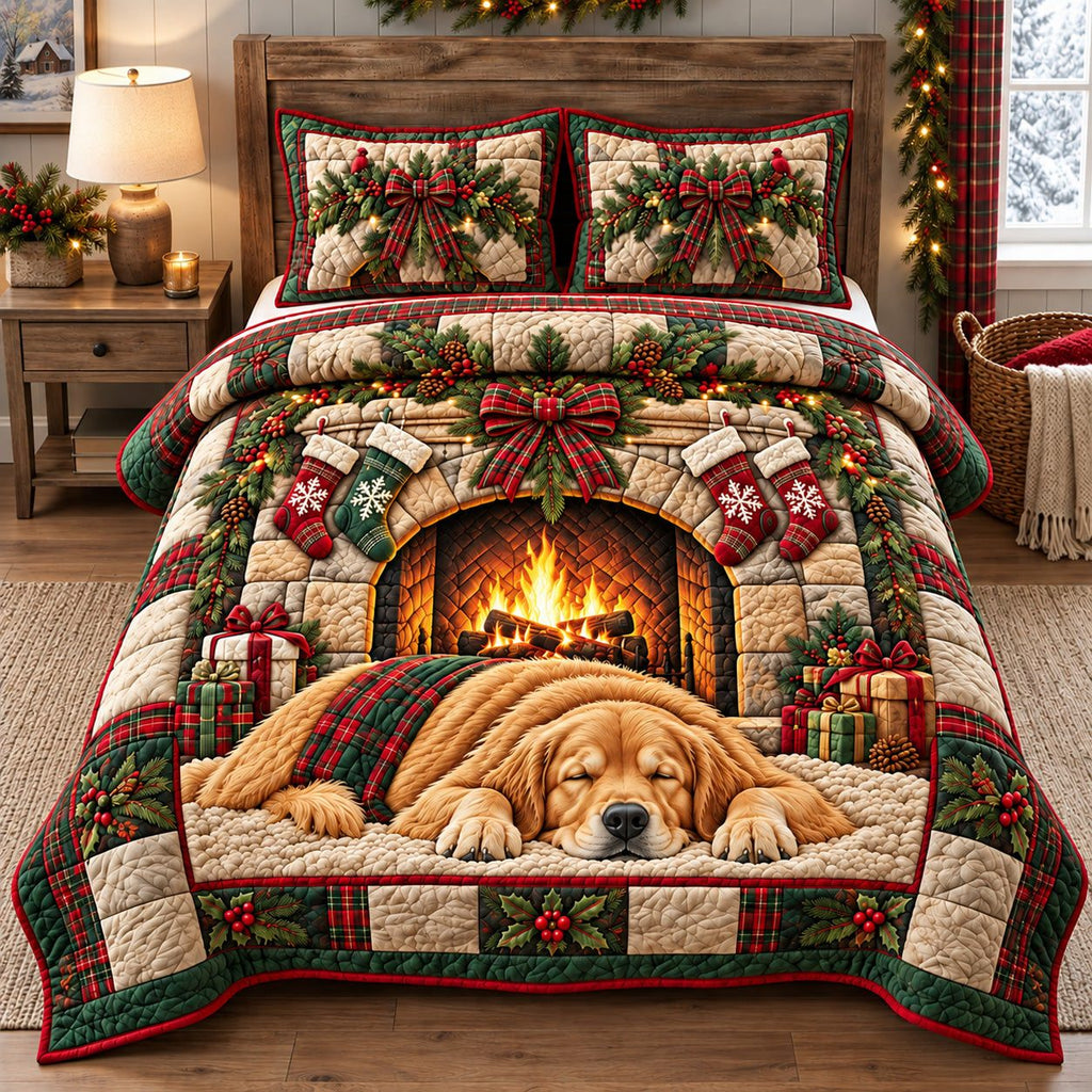 Cozy Christmas Golden Retriever quilted 3-piece bedding set on a made bed in a winter-styled bedroom